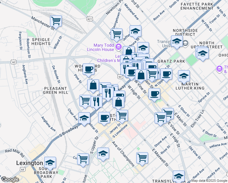 map of restaurants, bars, coffee shops, grocery stores, and more near 355 South Broadway in Lexington
