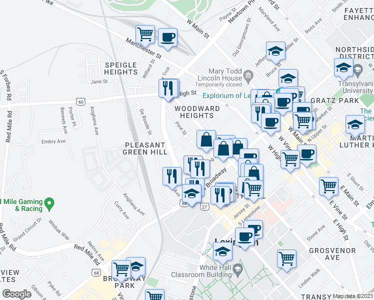map of restaurants, bars, coffee shops, grocery stores, and more near 513 Merino Street in Lexington