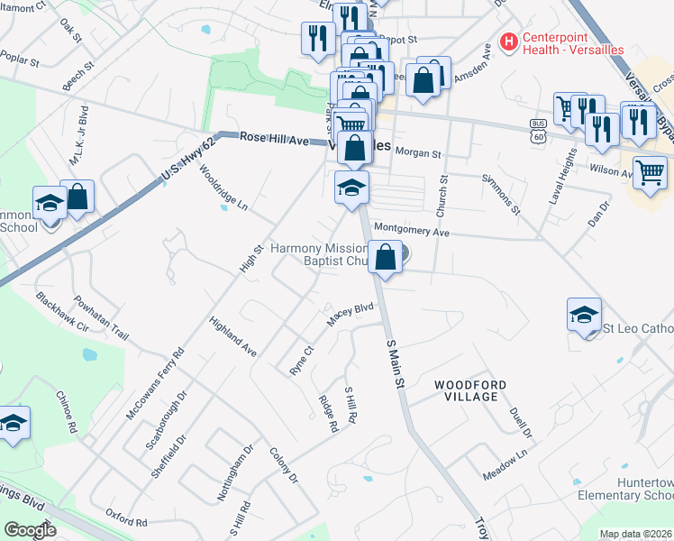 map of restaurants, bars, coffee shops, grocery stores, and more near 170 Macey Avenue in Versailles
