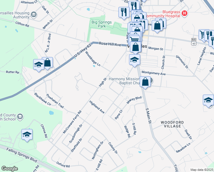 map of restaurants, bars, coffee shops, grocery stores, and more near 210 High Street in Versailles