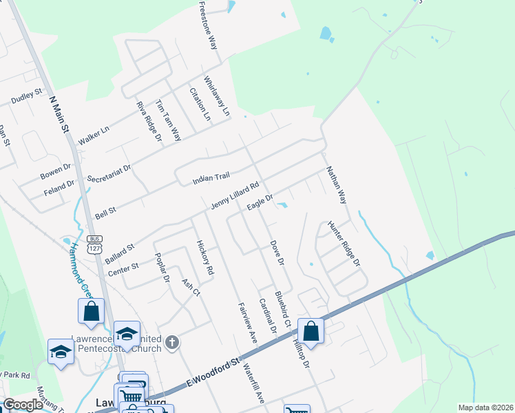 map of restaurants, bars, coffee shops, grocery stores, and more near 129 Eagle Drive in Lawrenceburg