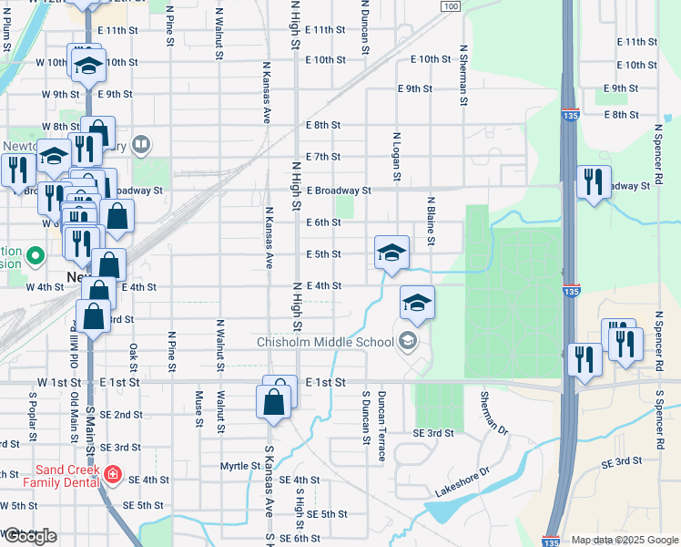 map of restaurants, bars, coffee shops, grocery stores, and more near 701 East 5th Street in Newton