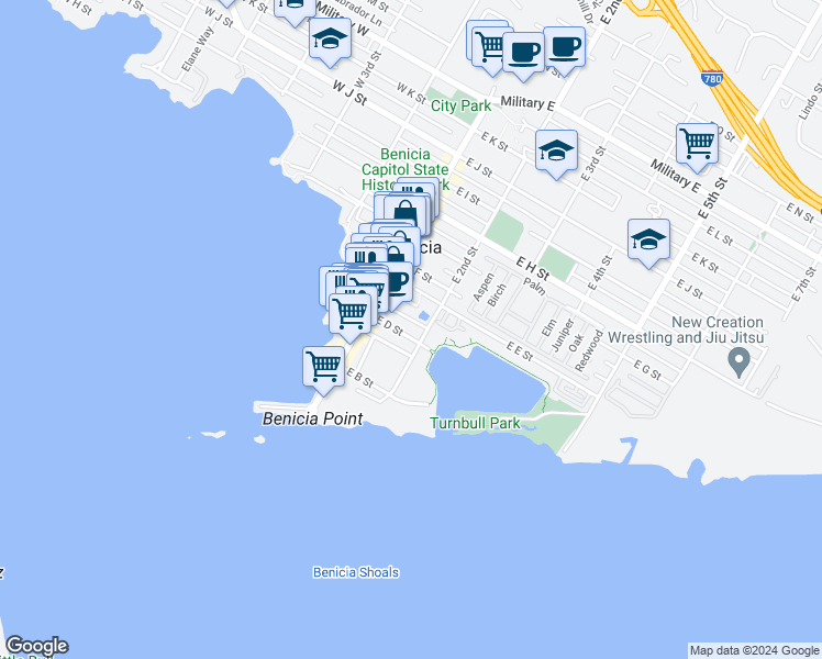 map of restaurants, bars, coffee shops, grocery stores, and more near 165 East D Street in Benicia
