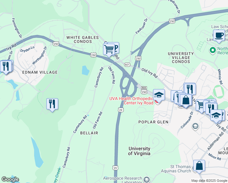map of restaurants, bars, coffee shops, grocery stores, and more near 9 Old Farm Road in Charlottesville