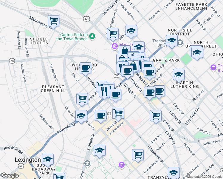 map of restaurants, bars, coffee shops, grocery stores, and more near 301 South Broadway in Lexington