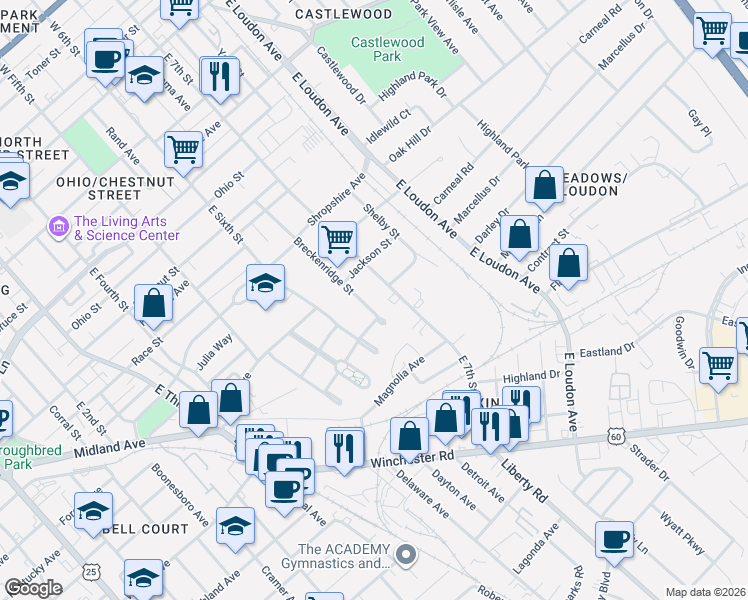 map of restaurants, bars, coffee shops, grocery stores, and more near 646 Jackson Street in Lexington