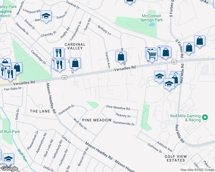 map of restaurants, bars, coffee shops, grocery stores, and more near Hill Rise Court in Lexington