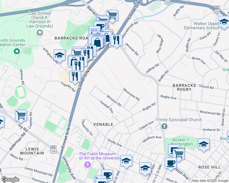 map of restaurants, bars, coffee shops, grocery stores, and more near 1856 Field Road in Charlottesville