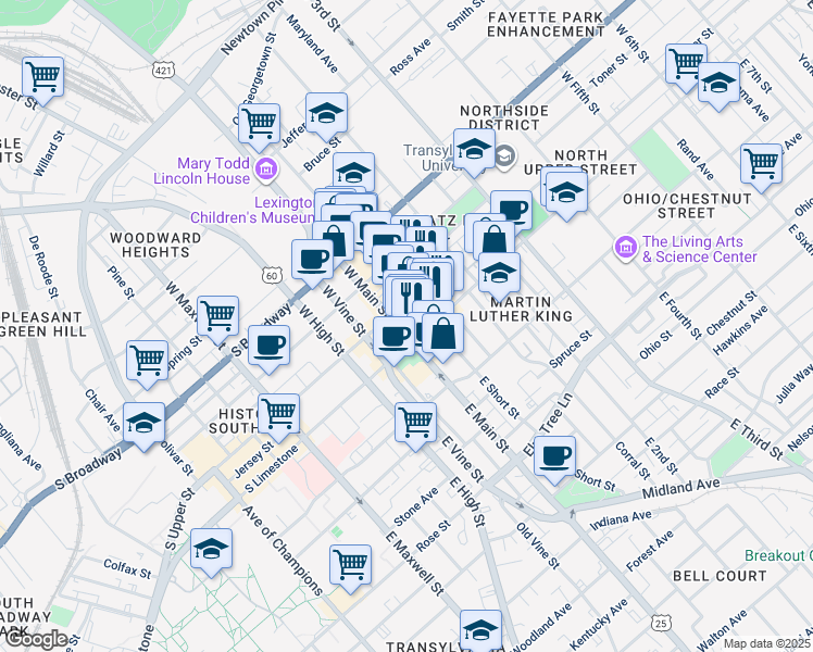 map of restaurants, bars, coffee shops, grocery stores, and more near 127 West Main Street in Lexington