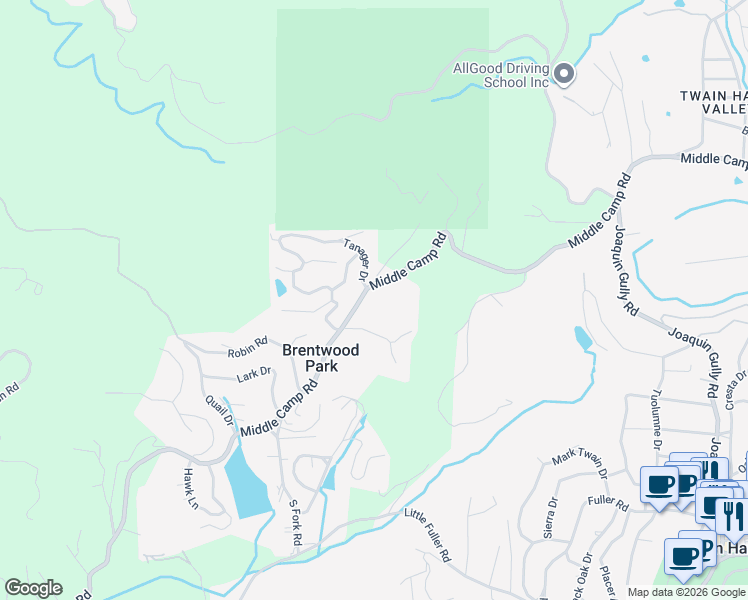 map of restaurants, bars, coffee shops, grocery stores, and more near 23357 Middle Camp Road in Twain Harte