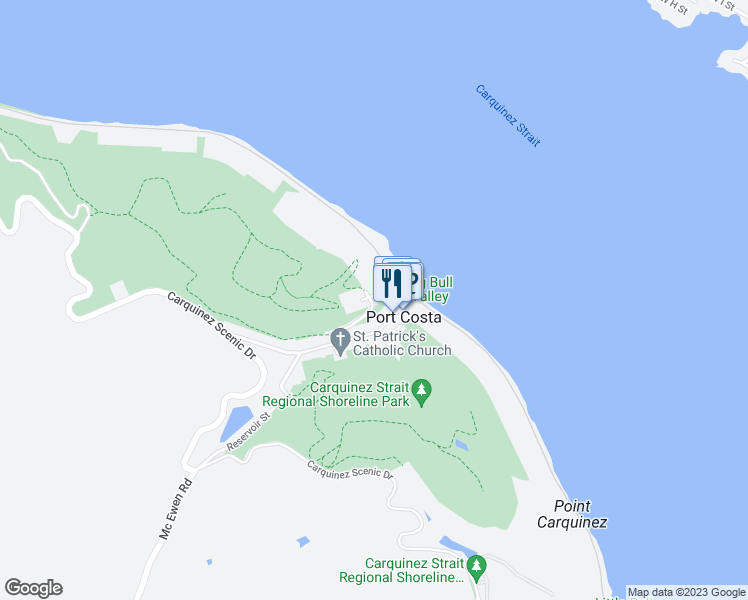 map of restaurants, bars, coffee shops, grocery stores, and more near 14 Prospect Avenue in Port Costa