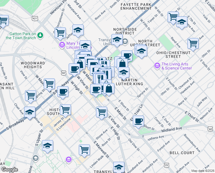 map of restaurants, bars, coffee shops, grocery stores, and more near 135 West Short Street in Lexington