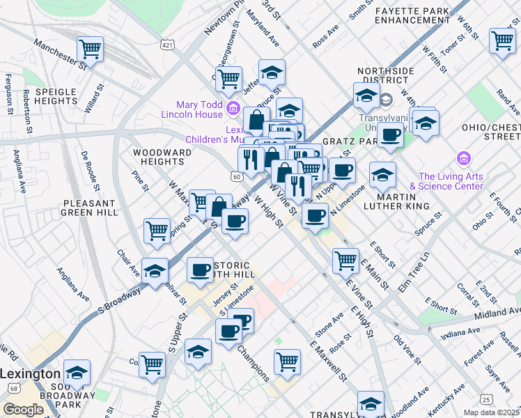 map of restaurants, bars, coffee shops, grocery stores, and more near 301-399 West High Street in Lexington