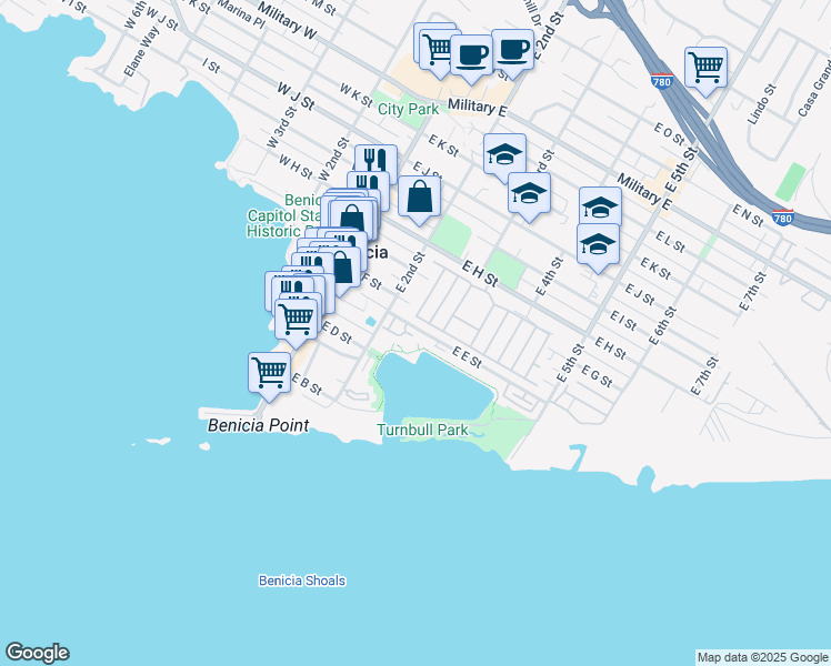 map of restaurants, bars, coffee shops, grocery stores, and more near E Street in Benicia