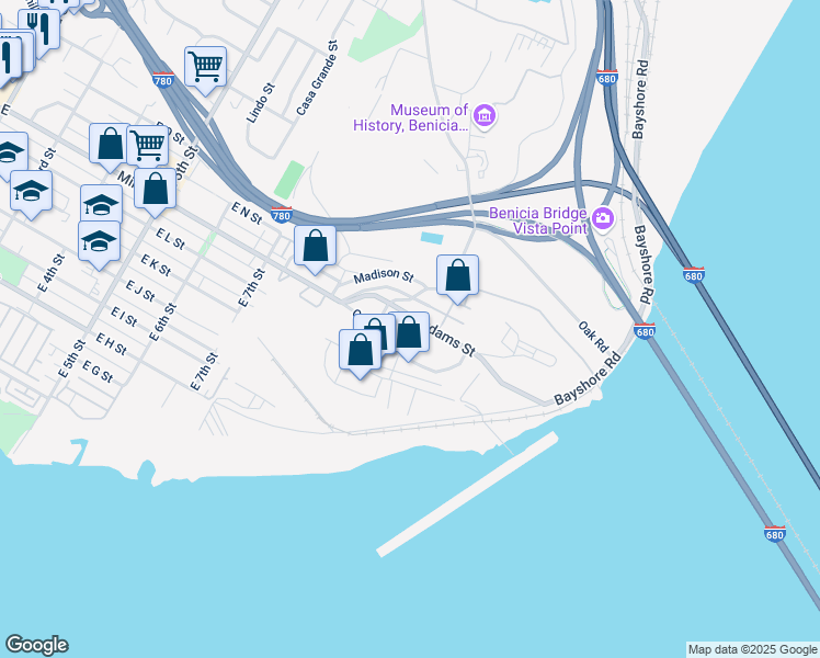 map of restaurants, bars, coffee shops, grocery stores, and more near 938 Adams Street in Benicia