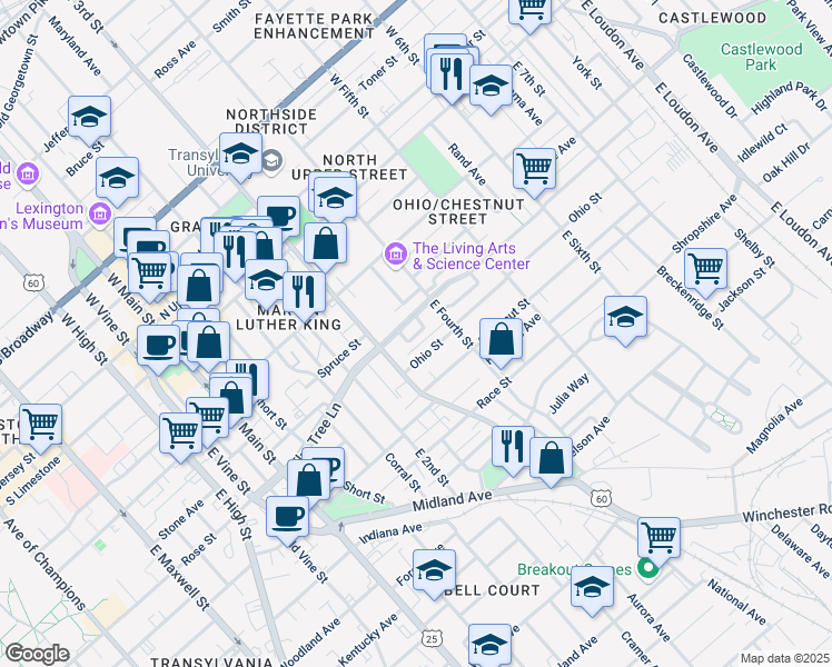 map of restaurants, bars, coffee shops, grocery stores, and more near in Lexington