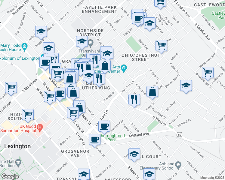 map of restaurants, bars, coffee shops, grocery stores, and more near 218 East Third Street in Lexington