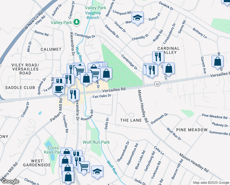 map of restaurants, bars, coffee shops, grocery stores, and more near 1965 Fair Oaks Drive in Lexington