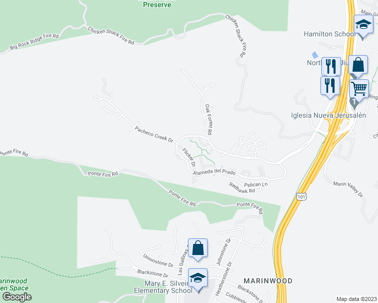 map of restaurants, bars, coffee shops, grocery stores, and more near 37 Flicker Drive in Novato