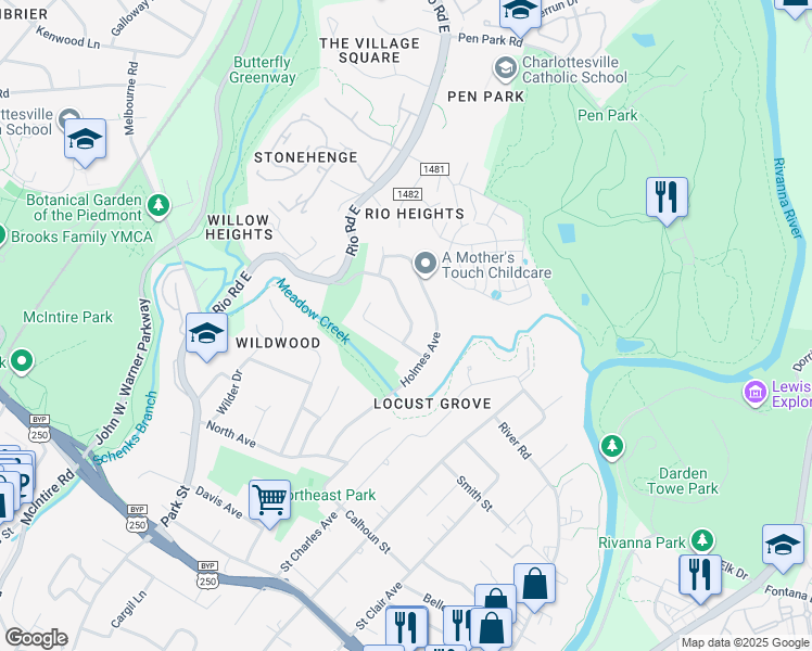 map of restaurants, bars, coffee shops, grocery stores, and more near 1207 Agnese Street in Charlottesville