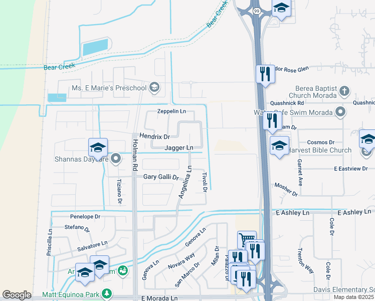 map of restaurants, bars, coffee shops, grocery stores, and more near 3778 Jagger Lane in Stockton