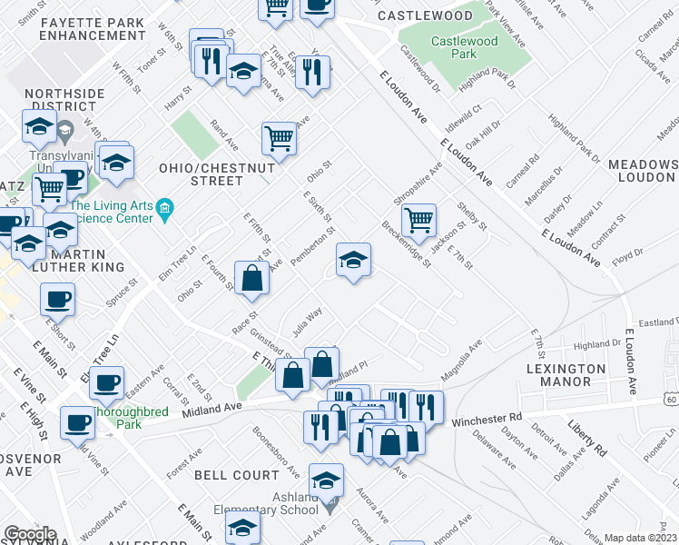 map of restaurants, bars, coffee shops, grocery stores, and more near Shropshire Avenue in Lexington