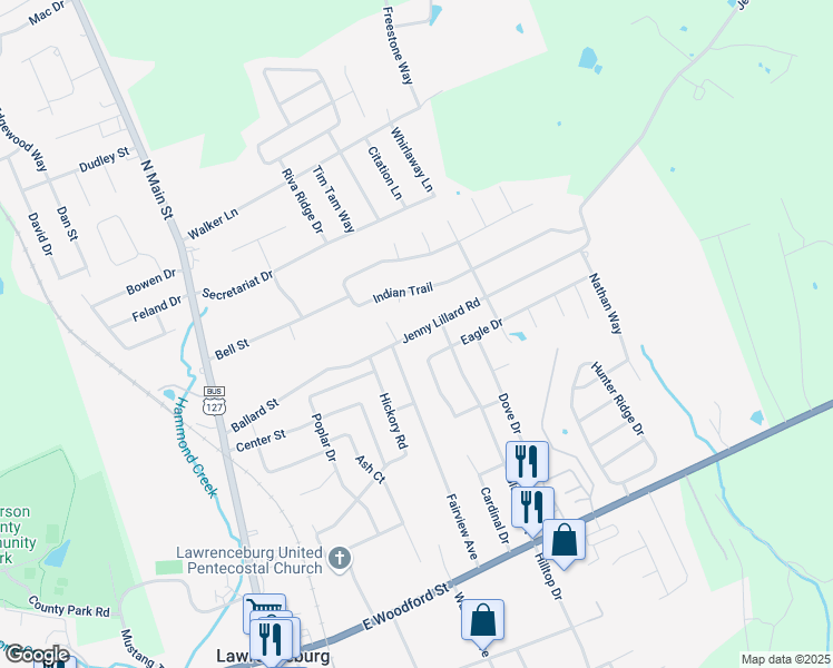 map of restaurants, bars, coffee shops, grocery stores, and more near 1017 Jenny Lillard Road in Lawrenceburg