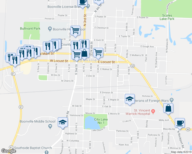 map of restaurants, bars, coffee shops, grocery stores, and more near 411 South 5th Street in Boonville