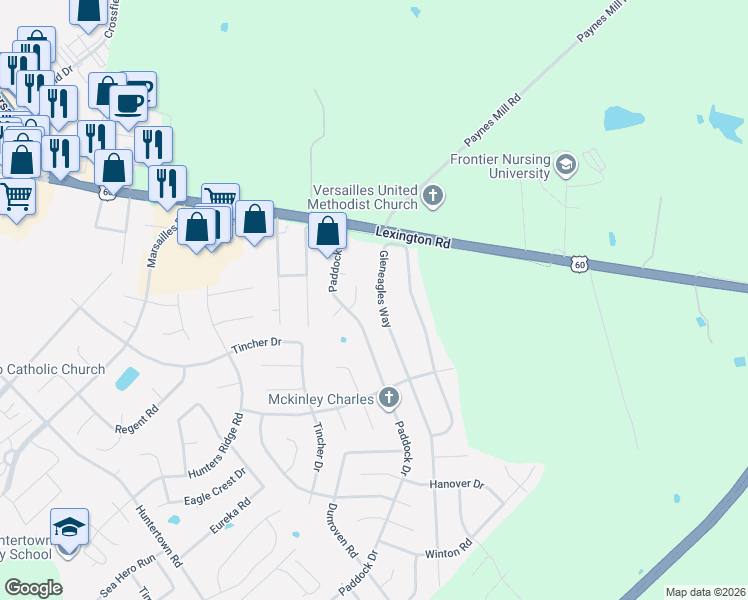 map of restaurants, bars, coffee shops, grocery stores, and more near 112 Yorkshire Court in Versailles