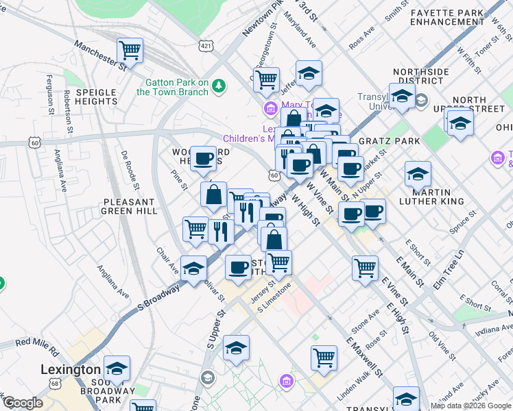 map of restaurants, bars, coffee shops, grocery stores, and more near 355 South Broadway in Lexington