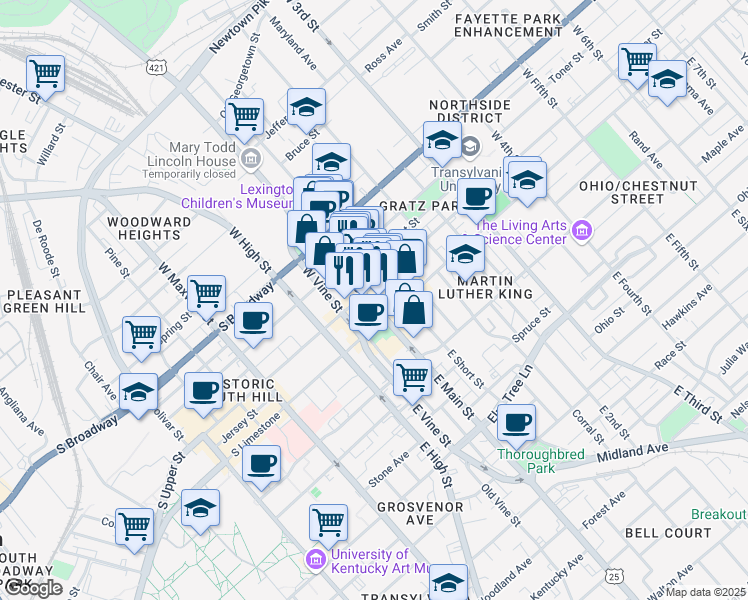 map of restaurants, bars, coffee shops, grocery stores, and more near 145 West Main Street in Lexington