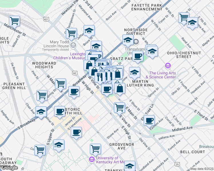 map of restaurants, bars, coffee shops, grocery stores, and more near 159 West Main Street in Lexington