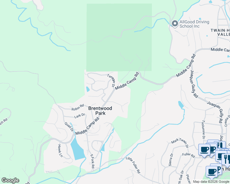map of restaurants, bars, coffee shops, grocery stores, and more near 23357 Middle Camp Road in Twain Harte