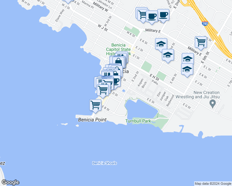 map of restaurants, bars, coffee shops, grocery stores, and more near 149 East D Street in Benicia