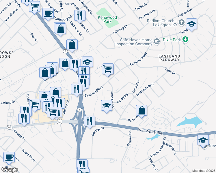 map of restaurants, bars, coffee shops, grocery stores, and more near 1593 Eastland Parkway in Lexington