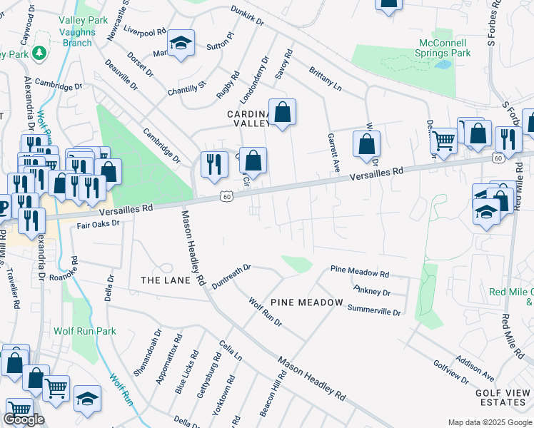 map of restaurants, bars, coffee shops, grocery stores, and more near 1818 Versailles Road in Lexington