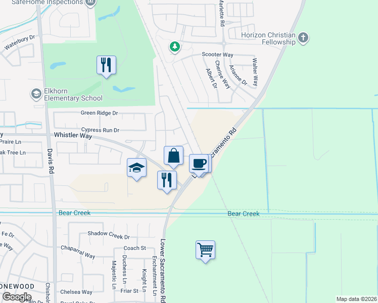 map of restaurants, bars, coffee shops, grocery stores, and more near 10148 Rudder Way in Stockton