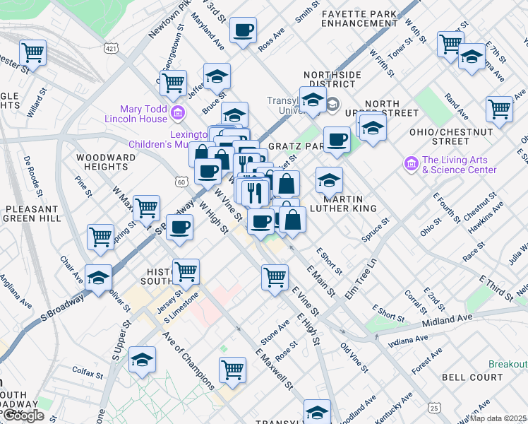 map of restaurants, bars, coffee shops, grocery stores, and more near 145 West Main Street in Lexington
