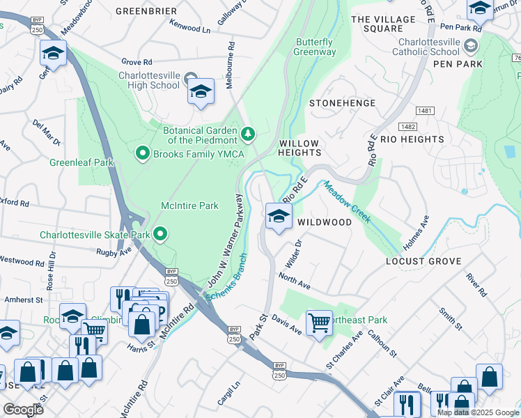 map of restaurants, bars, coffee shops, grocery stores, and more near 101D Melbourne Park Circle in Charlottesville