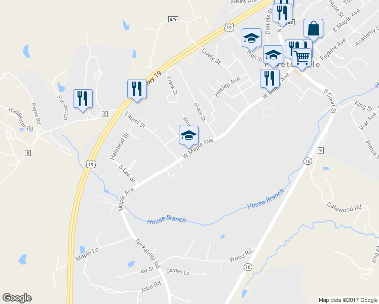 map of restaurants, bars, coffee shops, grocery stores, and more near 76 Platt St in Fayetteville