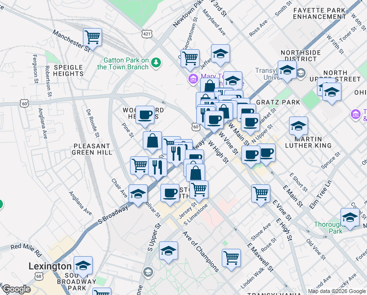 map of restaurants, bars, coffee shops, grocery stores, and more near 355 South Broadway in Lexington