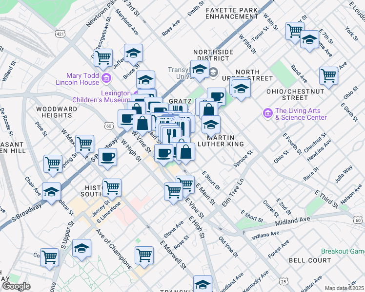 map of restaurants, bars, coffee shops, grocery stores, and more near 133 North Limestone Street in Lexington