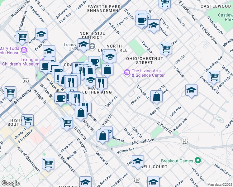 map of restaurants, bars, coffee shops, grocery stores, and more near 218 East Third Street in Lexington