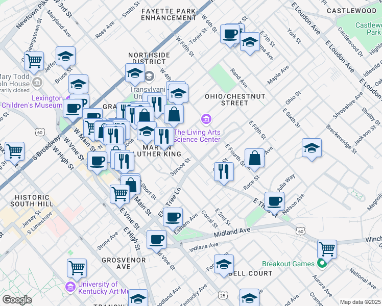 map of restaurants, bars, coffee shops, grocery stores, and more near 251 East Third Street in Lexington