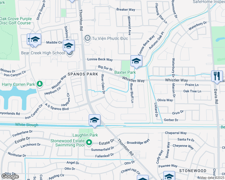 map of restaurants, bars, coffee shops, grocery stores, and more near 10232 River Park Circle in Stockton