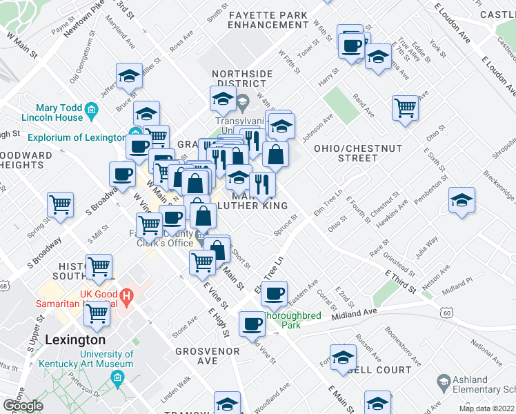 map of restaurants, bars, coffee shops, grocery stores, and more near 193 North Martin Luther King Boulevard in Lexington