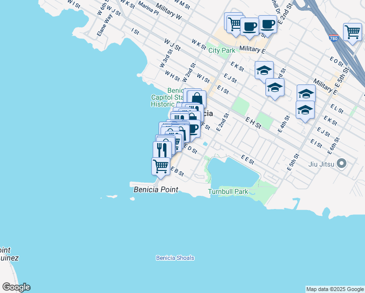 map of restaurants, bars, coffee shops, grocery stores, and more near 110 East D Street in Benicia