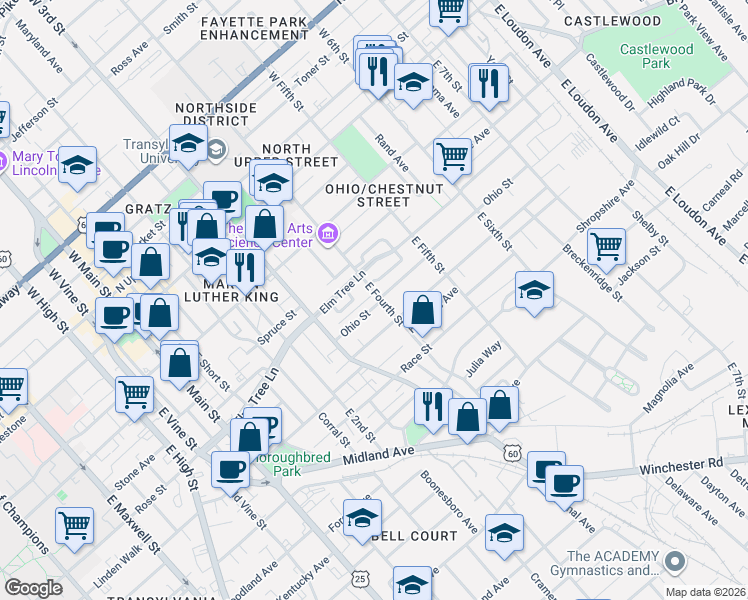 map of restaurants, bars, coffee shops, grocery stores, and more near 415 Ohio Street in Lexington