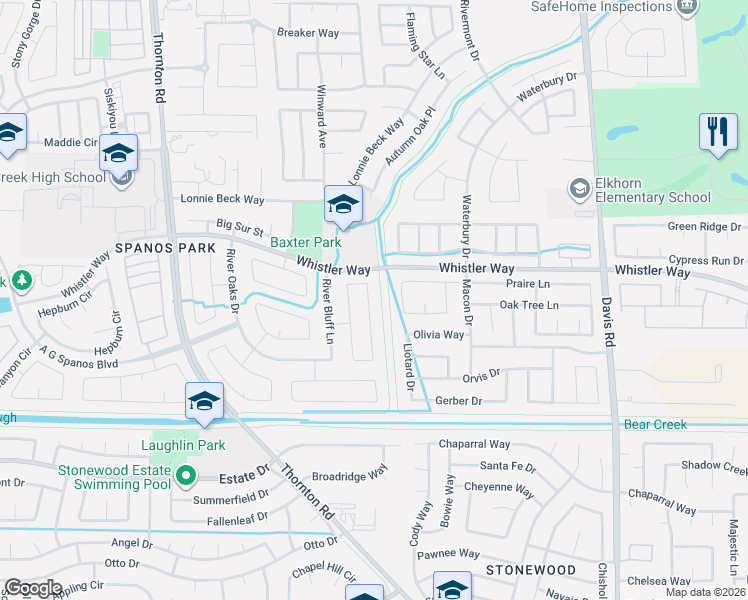 map of restaurants, bars, coffee shops, grocery stores, and more near 10256 Creek Trail Circle in Stockton