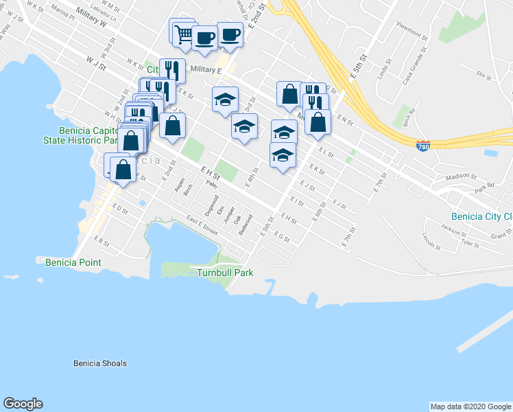 map of restaurants, bars, coffee shops, grocery stores, and more near 445 East H Street in Benicia